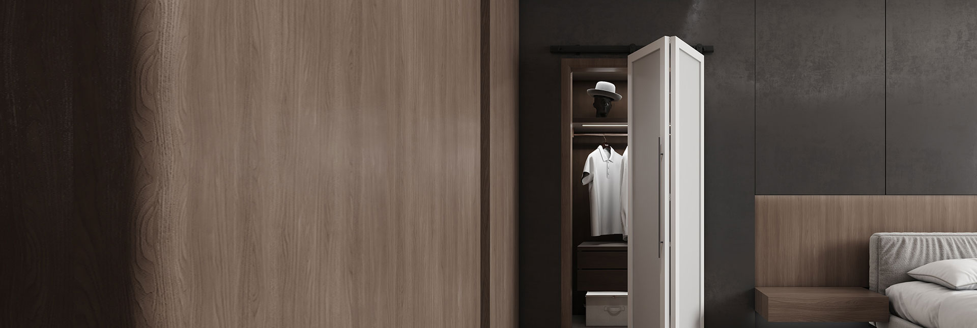 Modern bedroom interior with an open wardrobe featuring white clothing, shelves, and a white hat on a stand. The room has wood and dark gray walls, a wooden sliding door, and part of a bed with a gray upholstered headboard and white bedding visible.